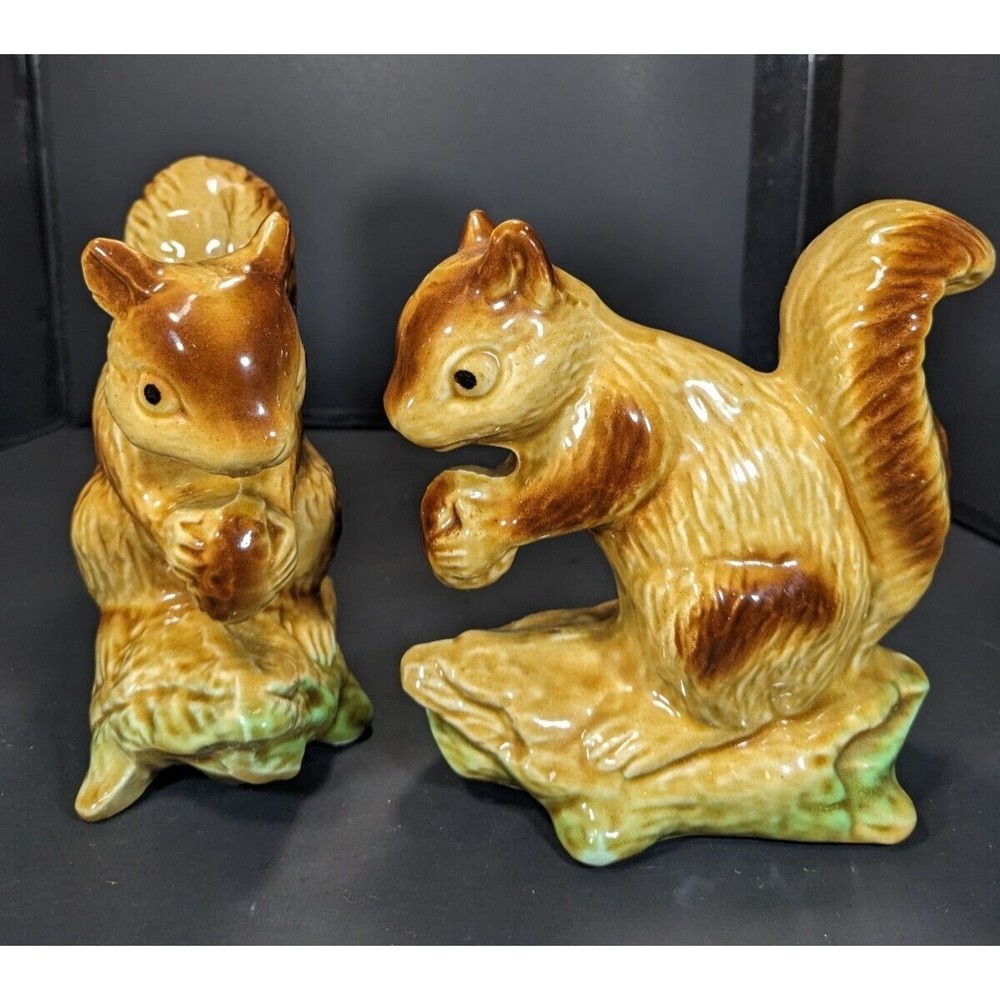 Vintage Set of 2 Brown Squirrel With A Nut Made in Brazil Glazed Ceramic Figure